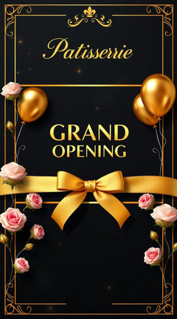 Grand opening invitation with gold balloons, roses and frame. Vector illustrationの写真素材