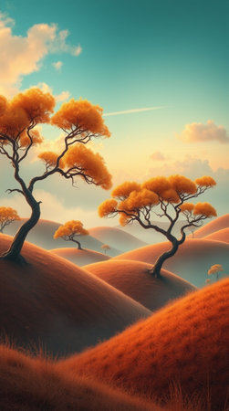 Autumn landscape with trees on the hills. 3d illustration.の写真素材