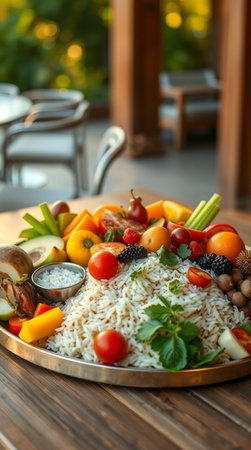 Bowl of delicious cooked rice with fruits and vegetables on table in restaurantの写真素材