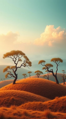 3D illustration of a beautiful landscape with trees and sand dunesの写真素材