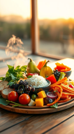 Healthy eating, dieting and vegetarian concept - close up of plate with fresh vegetables and fruits on wooden table at homeの写真素材