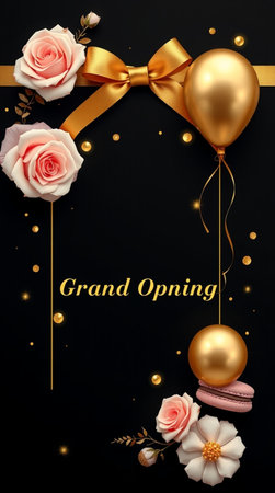 Greeting card with gold balloons, roses and confetti.