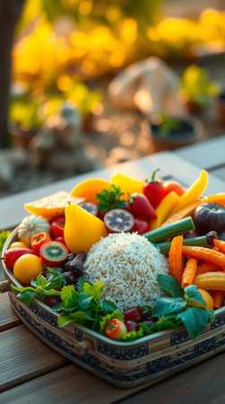 Healthy lunch box with vegetables and rice on wooden table in the gardenの写真素材