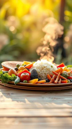 Healthy food concept. Vegetables and rice on a plate.の写真素材