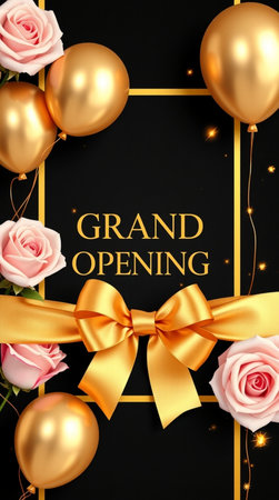 Grand opening banner with gold balloons, roses and confetti. Vector illustration.の写真素材