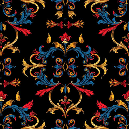 Seamless pattern with gold and blue floral ornament on black backgroundの写真素材