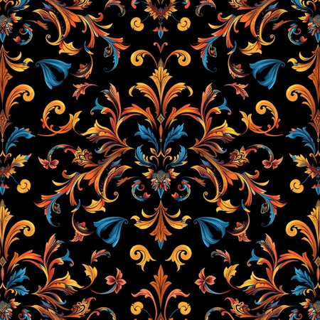Seamless pattern with gold and blue floral ornament on black backgroundの写真素材