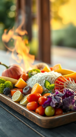 Selection of fresh fruits and vegetables in wooden tray on table outdoorsの写真素材