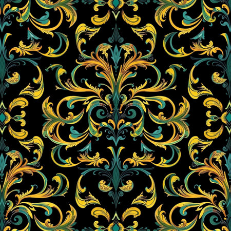 Seamless pattern with gold and blue vintage floral ornament on black backgroundの写真素材
