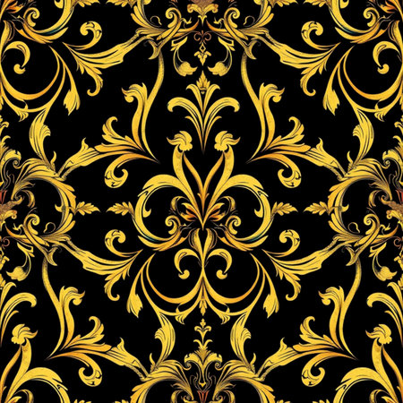 Seamless pattern with gold ornaments on a black backgroundの写真素材