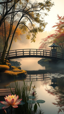 Beautiful Chinese garden with pond and bridge in the foggy morningの写真素材