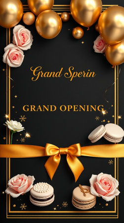 Greeting card with gold balloons, roses, macaroons and confetti.の写真素材