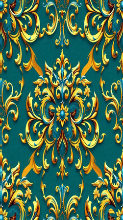 Ornament elements, vintage gold floral pattern on a green background