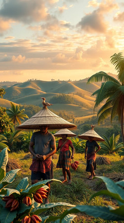 Rice farmers on the mountain at sunsetの写真素材