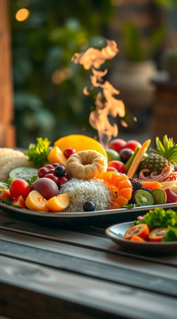 Plate with different fruits and vegetables on wooden table. Healthy eating conceptの写真素材