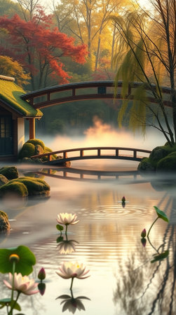 Japanese garden with pond and bamboo bridge in autumn,3d renderの写真素材