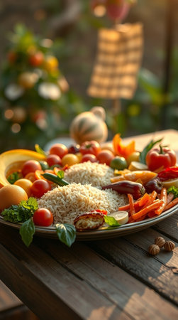 Plate with tasty pilaf and vegetables on table outdoors, closeupの写真素材