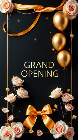 Grand opening invitation with roses and golden balloons on black background. Vector illustrationの写真素材