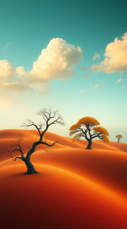 Desert landscape with dry trees and blue sky. 3d renderの写真素材