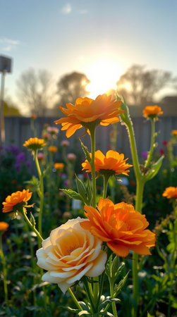 Orange and yellow ranunculus flowers in the garden at sunset.の写真素材