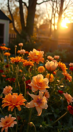 Flower garden at sunset. Colorful dahlia flowers.の写真素材