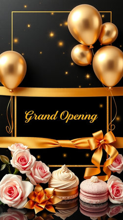 Elegant black background with golden balloons, roses, cake and confettiの写真素材