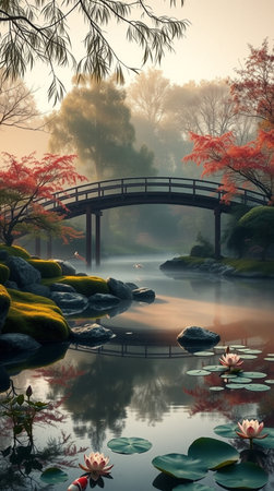 Beautiful Japanese garden with bridge and pond in autumn,3d renderの写真素材