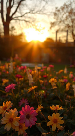 Sunset in the garden with daisies and sunbeamsの写真素材