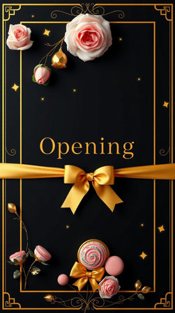 Greeting card with pink roses, chocolate candies and golden ribbon on black backgroundの写真素材