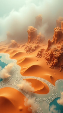 Fantasy alien planet. Mountain and river. 3D illustration.の写真素材