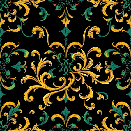 Seamless pattern with gold ornament on black background. Vector illustration.