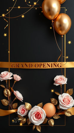 Elegant black background with gold balloons, roses and golden textの写真素材