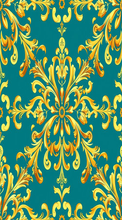 Seamless pattern with gold ornaments on turquoise backgroundの写真素材