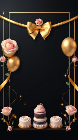 Background with cake, balloons, roses and ribbons. Vector illustration.の写真素材
