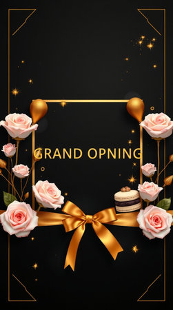 Poster with roses, macarons and golden bow on black backgroundの写真素材