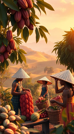 Farmers harvest cacao beans in the morning at Chiang Mai, Thailandの写真素材