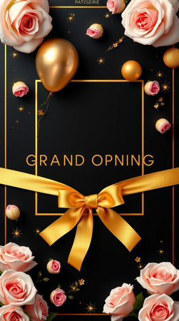 Greeting card with gold balloons, roses and golden frame on black background. Vector illustration.の写真素材