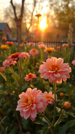 Beautiful dahlia flowers in the garden at sunset time.の写真素材