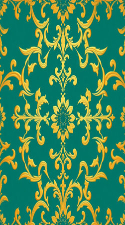 Seamless pattern with gold floral ornament on a green background.の写真素材