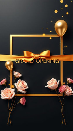 Grand opening banner with gold balloons, roses and confetti on black backgroundの写真素材