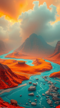 Fantasy alien planet. Mountain and lake. 3D illustration.の写真素材