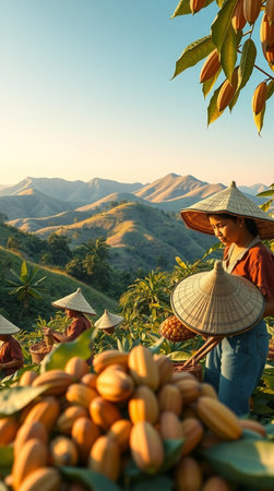 Harvesting of cocoa beans on the mountain in Thailandの写真素材