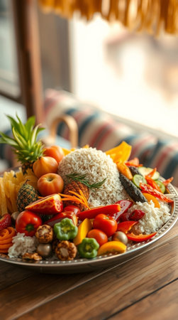 Plate of delicious rice with vegetables on wooden table, closeupの写真素材