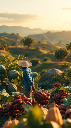 Farmer harvesting cocoa beans on the farm at sunset, Thailand.の写真素材
