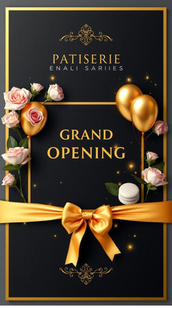 Grand opening invitation card with gold balloons and flowers. Vector illustration.の写真素材