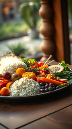 Healthy breakfast with rice, fruits and vegetables in a restaurant.の写真素材