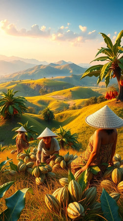 Vietnamese women working on the rice terraces at sunset.の写真素材