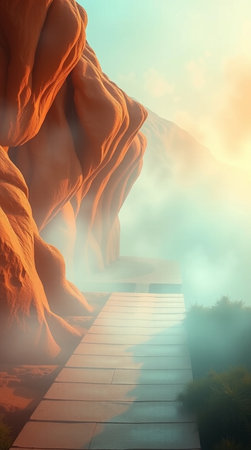 Wooden path to the valley in the desert. 3d renderの写真素材