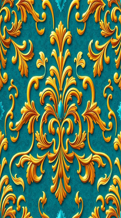 Seamless pattern with vintage gold ornament on turquoise backgroundの写真素材