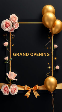 Wedding invitation card with roses and golden balloons on black backgroundの写真素材